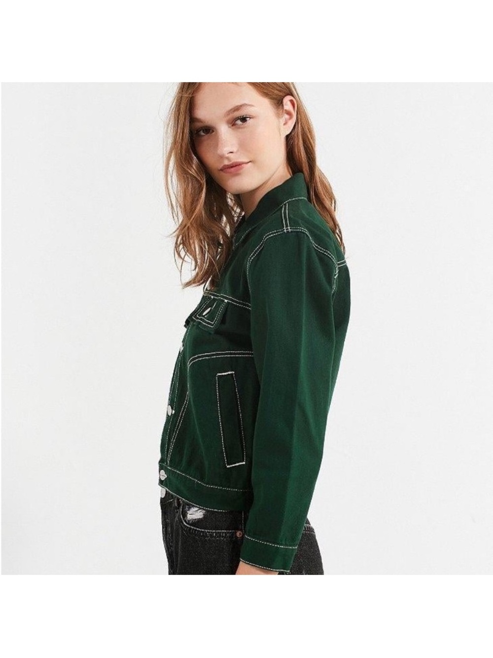 Forest Green Women's Jacket with Contrast White Stitching